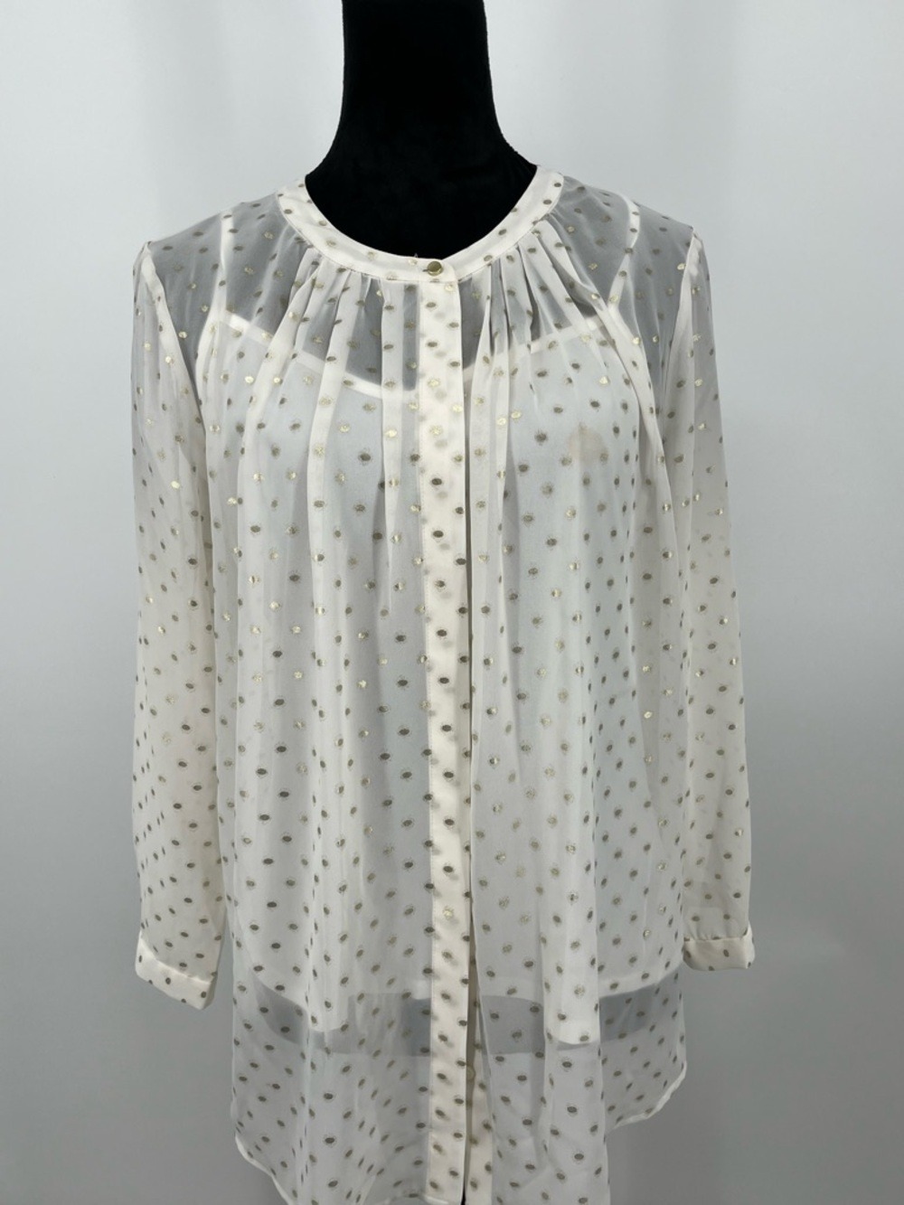 Liz Claiborne Ivory Sheer Blouse with Gold Dot Print sz L